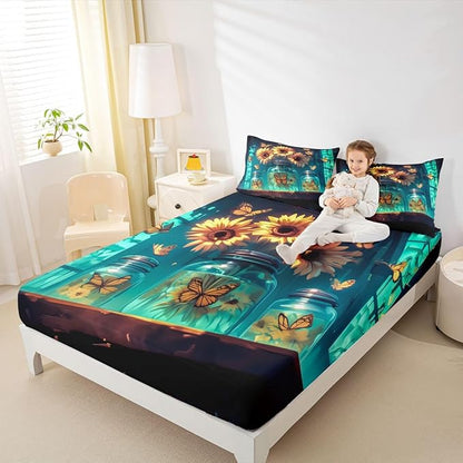 Sunflower Kids Full Size Fitted Sheet,Butterfly Flower Rustic Room Decor,Floral Farmhouse Mysterious Boys Girls Bed Sheets,Green Yellow Bedding Set,2 Pillowcases(No Flat)