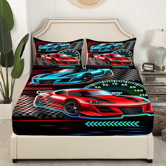 Speeding Game Fitted Sheet Queen Size Cartoon Sports Cars Bedding Sheet Set,Race Car Themed Bed Cover Ultra Soft Breathable Bedding 3 Pcs