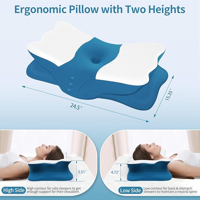 Cervical Neck Pillow for Sleeping - Ergonomic Pillow for Neck Pain Relief - Memory Foam Pillows with Cooling Pillowcase, Orthopedic Contour Neck Support Pillow for Side, Back and Stomach Sleepers