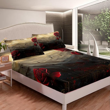 Red Roses Bed Sheet Set Twin Size,Romantic Blooming Flowers Vintage Brown Black Sheet Set,Rustic Nature Mount Moon Sky Glitter Bedding Set with 1 Flat & 1 Fitted Sheet with 1 Pillow