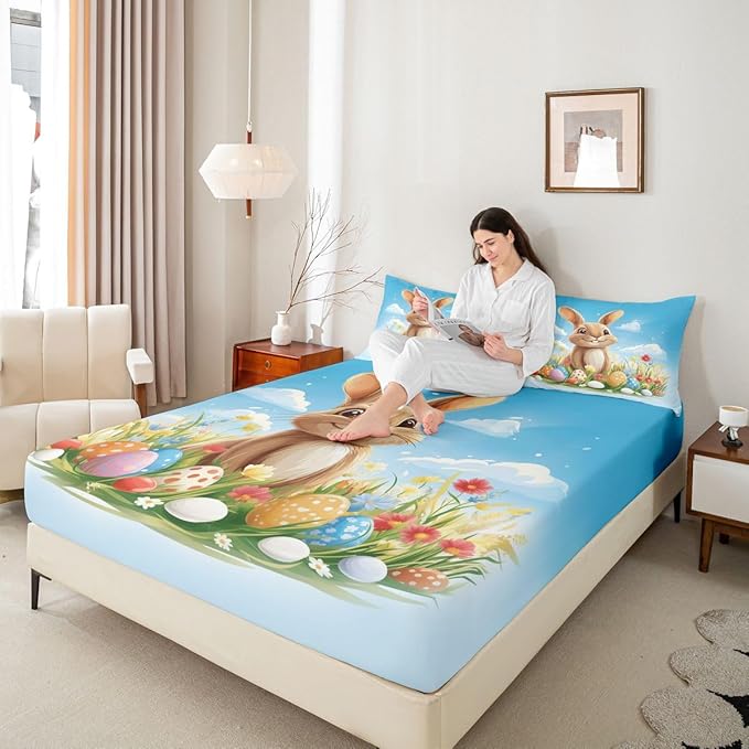 Easter Fitted Sheet Twin Size Easter Egg Funny Rabbit Bedding Set for Kids Bedroom Kawaii Animal Spring Flowers Bed Sheet Set 2pcs Blue Colorful Deep Pocket Mattress Cover,No Top Flat
