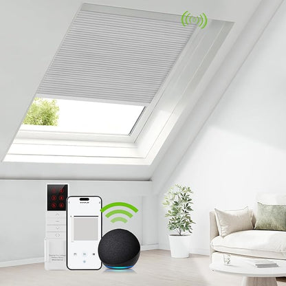 ZSTARR Motorized Skylight Shades Blackout Cellular Honeycomb Electric Blinds with Solar Panel Cordless Rechargeable with Remote for Roof and Slanted Windows Custom Size (Blackout Frost White)
