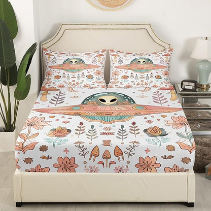 Alien Fitted Sheet,Nature Botanical Plants Mushroom Flowers White Soft Decorative Fabric Bedding Glitter Galaxy Pink Spaceship Outer Space Pocket Twin Size with 1 Pillowcase