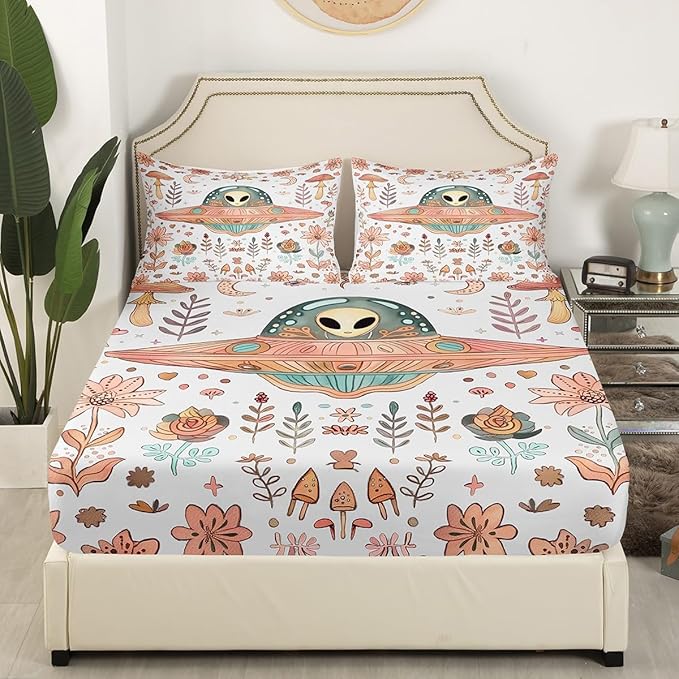 Alien Fitted Sheet Queen Size,Nature Botanical Plants Mushroom Flowers White Soft Bed Cover(1 Fitted Sheet+1 Pillow Case),Glitter Galaxy Pink Spaceship Outer Space Breathable Mattress Cover