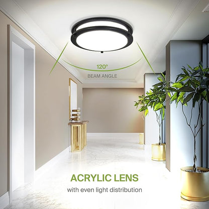 ASD LED 10" Round Flush Mount Lighting, Close to Ceiling Light Fixture | 3CCT, Dimmable, Energy Star, ETL Listed | 16W 1041LM 3000K-5000K 120V | Low Profile Double Ring Lamp | Black