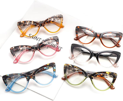 6 Pack Fashion Cat Eye Reading Glasses for Women Blue Light Blocking Oversized Spring Hinges Computer Readers