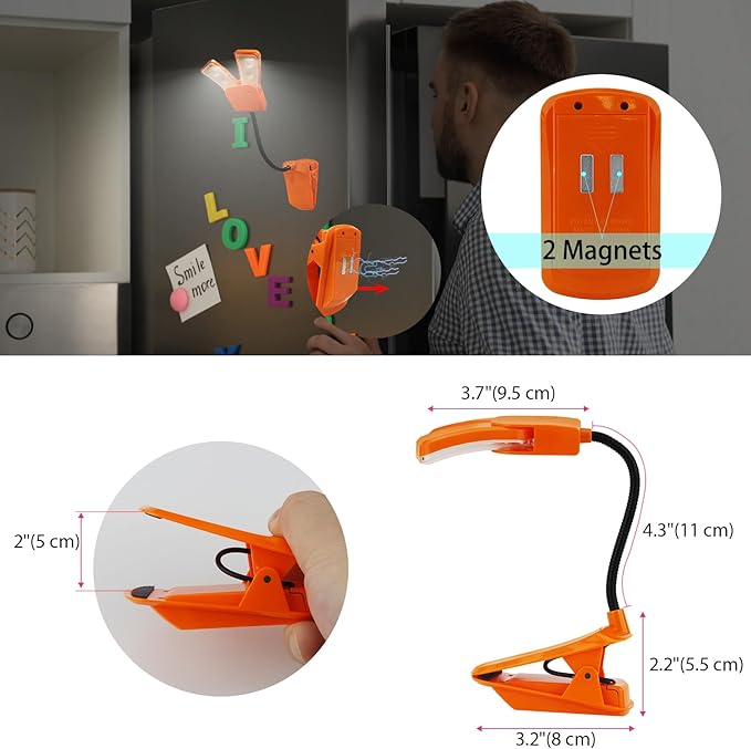 BIGMONAT Battery Operated Clip on Light, Dimmable Brightness Eye Care Book Reading Light, 360°Flexible Gooseneck Night Lighting for Home Office, Reading,Study (Orange, 2Pack)