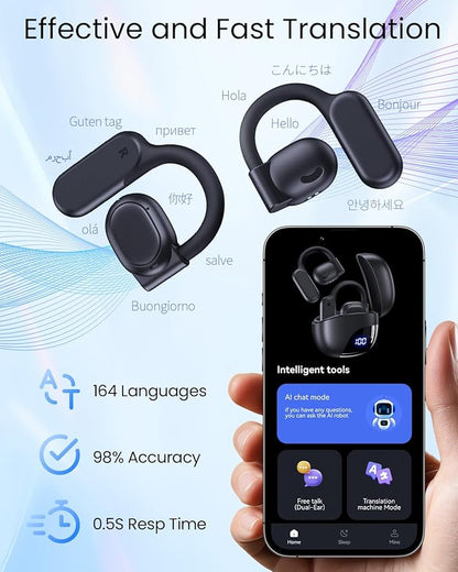 AI Translation Earbuds Real Time 164 Languages 80H Playtime Translator Ear Buds Audifonos Traductores Inglés Español Wireless Earphones Bluetooth AI Headphone for Travel Meeting Learning K08 Black