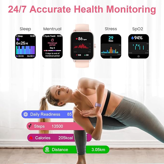 Fitness Smart Watch with Alexa for Women Men, 24/7 Heart Rate, Blood Oxygen, Stress and Sleep Tracker,100 Sports Modes, 5ATM Waterproof Activity Trackers and Smart Watches