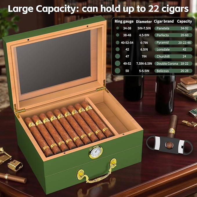 Cigar Humidor Box - Spanish Cedar Small Table Top Humidors for 20-50 Cigars with Accessories and Humidifier - Storage Drawer - Stylish Desktop Cigar Holder for Men - Portable Travel Case Emerald Green