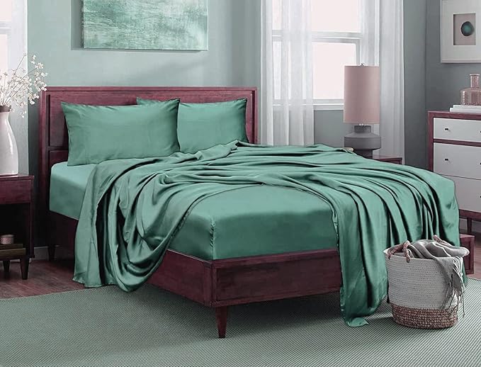 LINENWALAS Fitted Sheet Only Viscose Derived from Bamboo, Bottom Sheet for Twin XL Size Bed – 16” Deep Pocket, All Around Snug Fit – Cooling, Breathable, Soft, Hypoallergenic (Aqua, Twin XL)