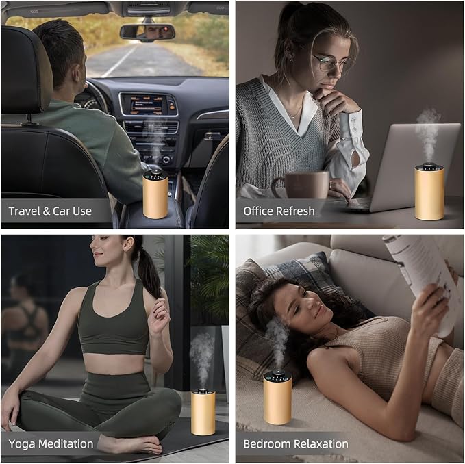 Waterless Essential Oil Diffuser Battery Operated Cordless Aromatherapy Diffuser with Timing & 3 Mist Levels car Diffuser，Black Aluminum Alloy (Gold)