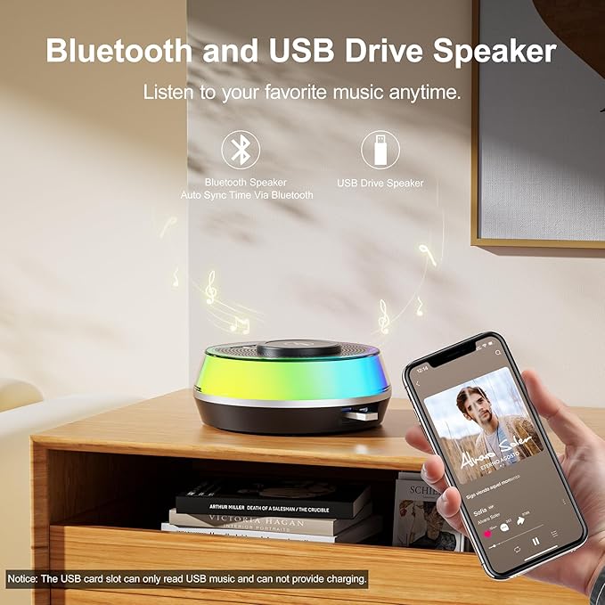 Wireless Charger Alarm Clock for Bedroom, 5W Bluetooth Speaker, 12 Soothing Sounds Machine, Dual Alarms, RGB Light, Ideal Gift for Heavy Sleepers, Adults, Teens, Kids, Senior(Black)