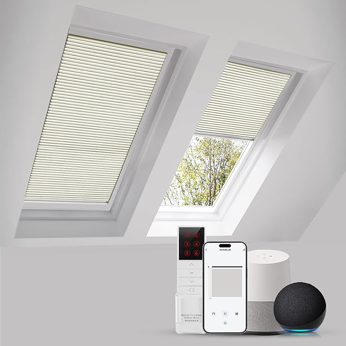 ZSTARR Motorized Skylight Shades Blackout Cellular Honeycomb Electric Blinds with Solar Panel Cordless Rechargeable with Remote for Roof and Slanted Windows Custom Size (LF Beige)
