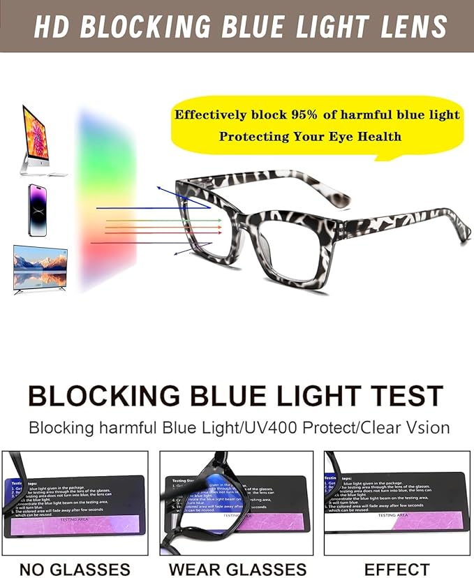Hubeye Oprah Style Reading Glasses for Women Men Blue Light Blocking Computer Square Readers with Spring Hinge