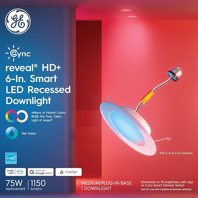GE Cync Reveal® Smart LED Recessed Downlight, Color Changing WiFi Light, Matter Compatible, Works with Alexa and Google Home, 6in (3-Pack)