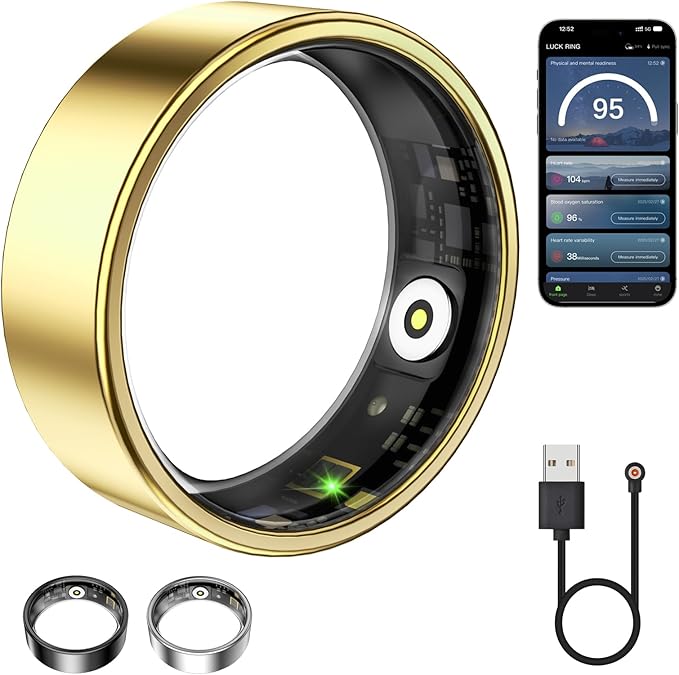 Smart Ring for Women & Men, Fitness Tracker with Heart Rate, Blood Oxygen, Sleep Monitoring, Long-Lasting Battery, IP68 Waterproof Health Ring (Gold, 10#)