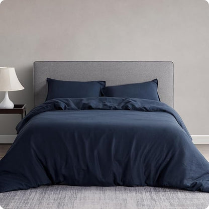 DAPU 100% Linen Duvet Cover Set - Pure Natural French Flax Linen with Corner Ties and Zipper Closure Soft Breathable Durable for Hot Sleepers 1 Duvet Cover 2 Pillowcases (Navy Blue, King)