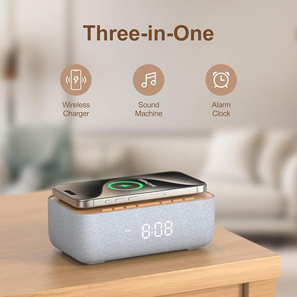 REACHER 15W Fast Magnetic Wireless Charging Alarm Clock with White Noise Machine, Woodgrain Style, 20 High‑Fidelity Sounds, Gradual Wake & Snooze, 0–100% Dimmable Digital Clock, Bedroom & Office
