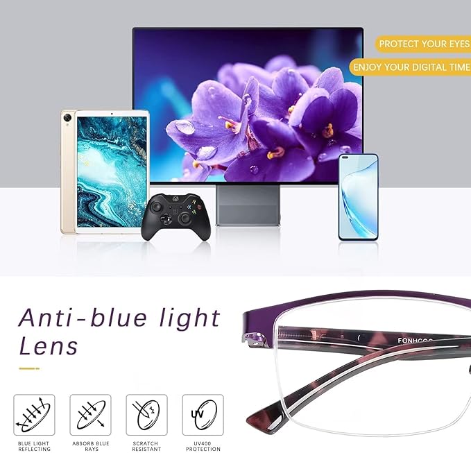 FONHCOO Reading Glasses for Women Men, Blue Light Blocking Reading Glasses Metal Half Frame Computer Readers Anti UV/Glare