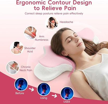 Cervical Neck Pillow for Pain Relief, Ergonomic Contour Pillow for Sleeping, 2 Heights Cooling Pillow for Neck and Shoulder Support, Memory Foam Orthopedic Pillow for Side Back Stomach Sleepers Pink
