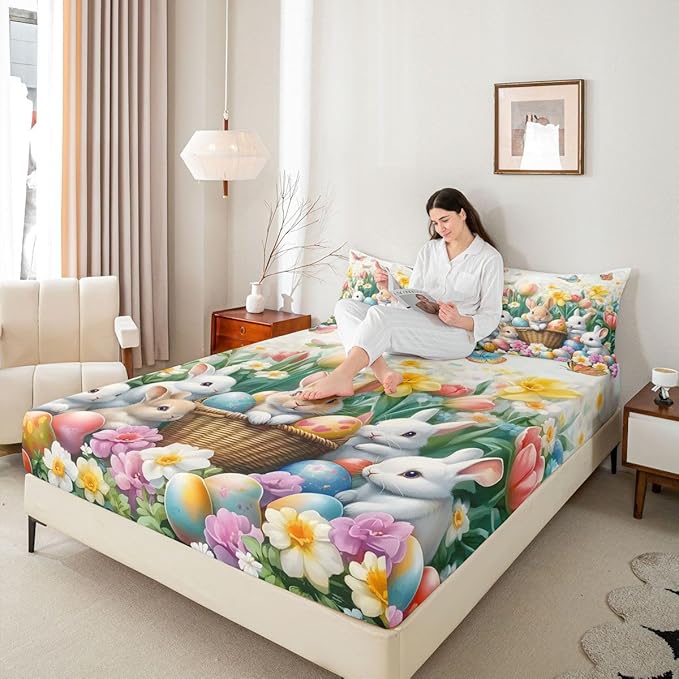Kawaii Rabbits Fitted Sheet Twin Size Spring Easter Bunny Flower Bedding Set for Kids Bedroom Tulip Easter Egg Floral Bed Sheet Set 2pcs Colorful Deep Pocket Mattress Cover,No Top Flat