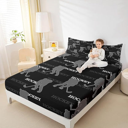 Manfei Ice Hockey Kids Sheet Twin Size, Bedding Set, Winter Sports Modern Boys Girls Room Decor, Black Gray Sheet(Fitted+Flat+1 Pillowcase)
