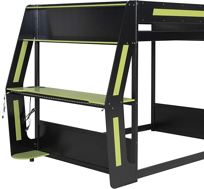 Gaming Bunk Bed Full Size with Desk & Charging Station & RGB Light Strip & Storage Shelves,Wooden Full Bunk Bed Frame with Safety Guardrails,Ladder and Under-Bed Space for Adults Teens Bedroom,Green