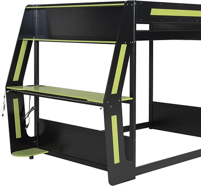 Gaming Bunk Bed Full Size with Desk & Charging Station & RGB Light Strip & Storage Shelves,Wooden Full Bunk Bed Frame with Safety Guardrails,Ladder and Under-Bed Space for Adults Teens Bedroom,Green