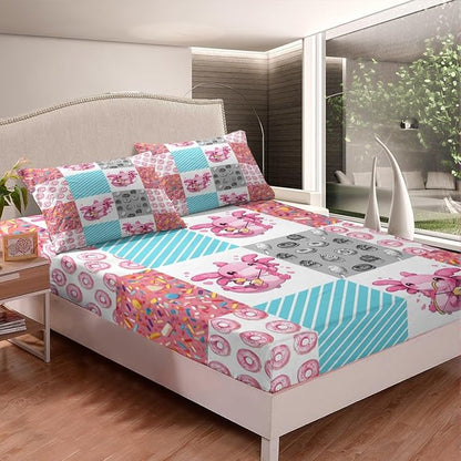 Axolotl Fitted Sheet Twin,Kawaii Donut Animals Splicing Geometric Bed Sheet 2 Pieces Fits Mattress(No Flat Sheet),Pink Blue Sweet Candy Decorative Fabric Bedding All-Round Elastic Pocket