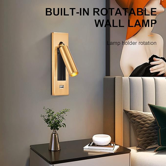 LED Wall Light Bedside Reading Light, with USB Portable Charging Port, Lift Down Control Switch,Hardwire Recessed Unplugged (Gold)
