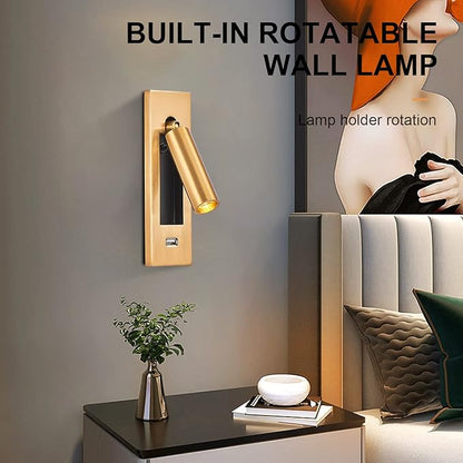 LED Wall Light Bedside Reading Light, with USB Portable Charging Port, Lift Down Control Switch,Hardwire Recessed Unplugged (Gold)