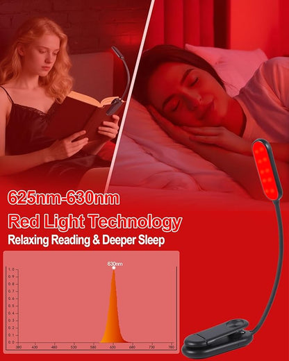 625nm Red Book Light [2 Pack] - Zero Blue Light, Rechargeable Clip On Red Reading Light Lamp for Reading at Night - Poratble Dimmable LED Book Lamp, Gift for Lovers Travel Studying Nursing