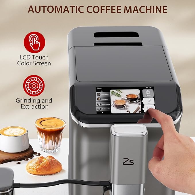 Fully Automatic Espresso Machine, 20 Bar Coffee Espresso Machine with Grinder & Automatic Milk Frother for Latte, Cappuccino, 7 Coffee Varieties, One-Touch Single/Double Shot for Espresso