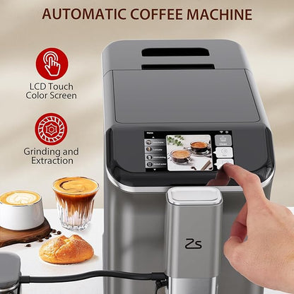 Fully Automatic Espresso Machine, 20 Bar Coffee Espresso Machine with Grinder & Automatic Milk Frother for Latte, Cappuccino, 7 Coffee Varieties, One-Touch Single/Double Shot for Espresso