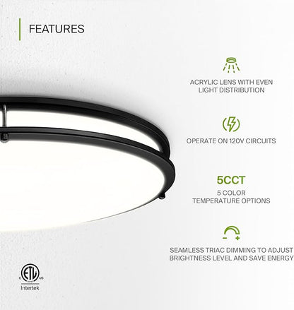 ASD LED 32" Oval Flush Mount Lighting, Close to Ceiling Light Fixture | 5CCT, Dimmable, ETL Listed | 50W 4195LM 2700-5000K 120V | Low Profile Double Ring Lamp | Black