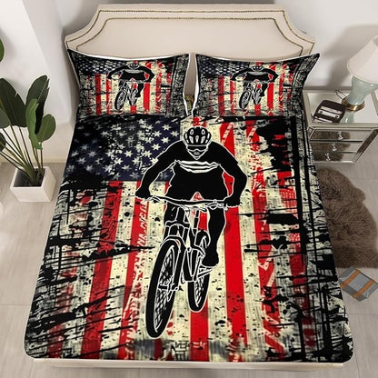 Manfei Cycling Fitted Sheet Full Size, American Flag Bicycle Player Bedding Set 3pcs, Racing Sports Theme Bed Cover with 2 Pillowcases, Kids Boys Teens Room Decor, Soft Bedding(No Top Sheet)