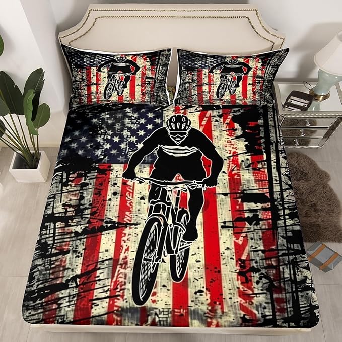 Manfei Cycling Fitted Sheet Queen Size, American Flag Bicycle Player Bedding Set 3pcs, Racing Sports Theme Bed Cover with 2 Pillowcases, Kids Boys Teens Room Decor, Soft Bedding(No Top Sheet)