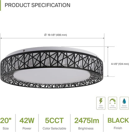 ASD 20 Inch LED Flush Mount Ceiling Light Fixture for Bedroom, 42W 2475LM 5CCT 2700K-5000K, Triac Dimmable Lights, Dining, Living Room, Kitchen Lamps, Modern Home Lighting Fixtures, Black, ETL