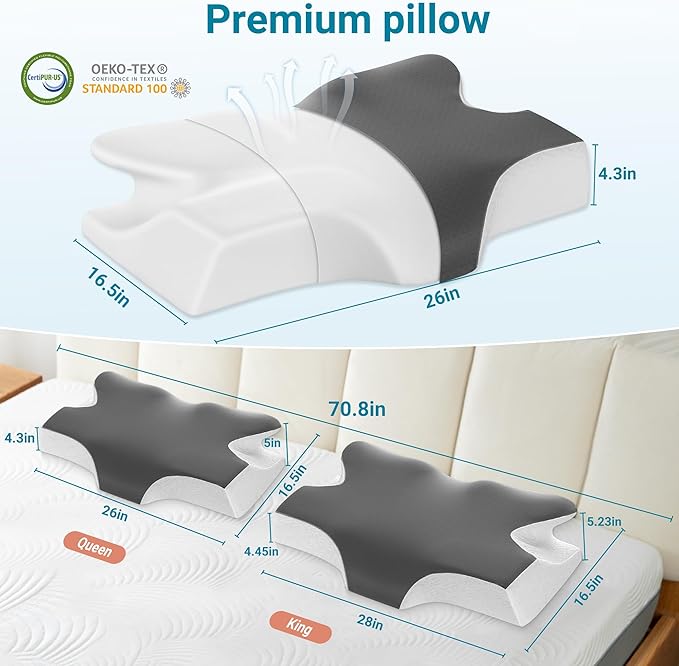 Elviros Cervical Neck Pillow for Sleeping, Memory Foam Pillow for Neck Pain Relief, Side Sleeper Cooling Pillows for Adults, Neck Support with Removable Pillowcase for Back & Stomach Sleepers