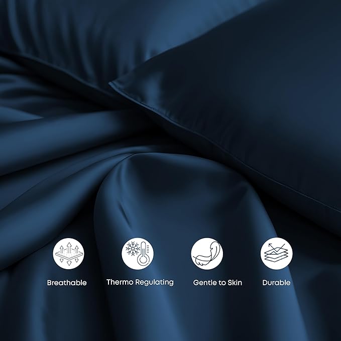 LINENWALAS Queen Size Flat Sheet Only - Rayon Derived from Bamboo Silk Bed Sheet, Premium Breathable Cooling Sheet, Soft Organic Top Bed Sheet (Queen, Navy Blue)
