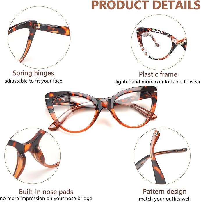 6 Pack Fashion Cat Eye Reading Glasses for Women Blue Light Blocking Oversized Spring Hinges Computer Readers