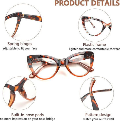 6 Pack Fashion Cat Eye Reading Glasses for Women Blue Light Blocking Oversized Spring Hinges Computer Readers