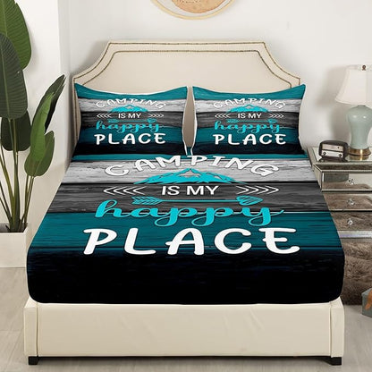 Manfei Happy Camping Kids Sheet Set Queen Size, Blue Grey Black Wooden Plank Bedding Set for Boys Teens Room Decor, Rustic Farmhouse Bed Sheet Set 4pcs (Fitted Sheet, Flat Sheet, 2 Pillowcases)