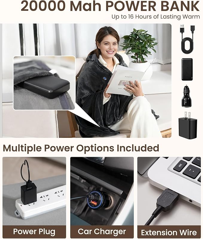 Cordless Heated Blanket with Hood, USB Battery Powered Heated Wearable Blanket with 9 Heating Zones, 20000 mAh Power Bank, 3 Levels, Portable Heated Throw Blanket, Heated Shawl (Warm Cozy Gray)