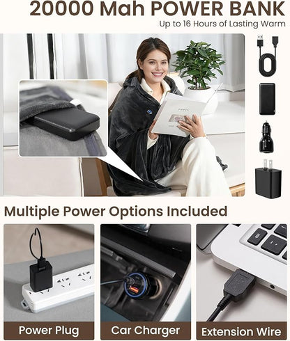 Cordless Heated Blanket with Hood, USB Battery Powered Heated Wearable Blanket with 9 Heating Zones, 20000 mAh Power Bank, 3 Levels, Portable Heated Throw Blanket, Heated Shawl (Warm Cozy Gray)