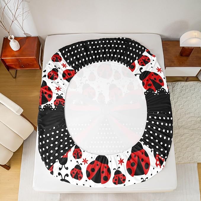 Manfei Red Black Bowknot Kids Sheet King Size,Ladybug Ladybird Beetle Insect Rustic Girls Boys Bedding Set Decor,Geometric Polka Dots Bow Tie Cute Bed Sheet Set 4pcs(Fitted + Flat + 2 Pillowcases)