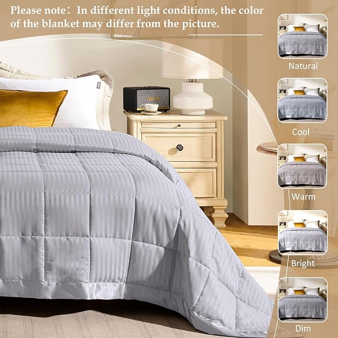 downluxe Queen Size Blanket with Satin Trim, Lightweight Down Alternative Blankets Queen Size for All Season, Machine Washable (Silver, 90x90 Inch)