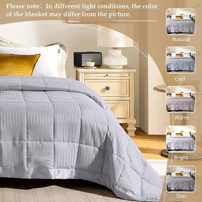 downluxe Queen Size Blanket with Satin Trim, Lightweight Down Alternative Blankets Queen Size for All Season, Machine Washable (Silver, 90x90 Inch)