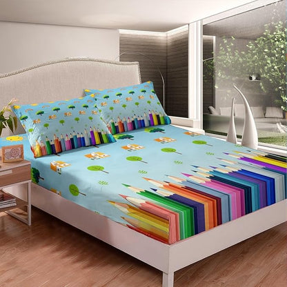 Manfei School Teal Blue Bed Sheet Queen Size,Colorful Lines School Learning Theme Sheets,Cartoon Sun Rainbow Tree House Graffiti Bedding Sets (1 Fitted,1 Flat,2 Pillowcases) Deep Pocket Bed Sheets